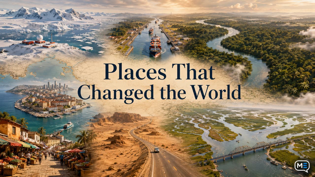 Editorial map-style cover for the Places That Changed the World intermediate reading collection